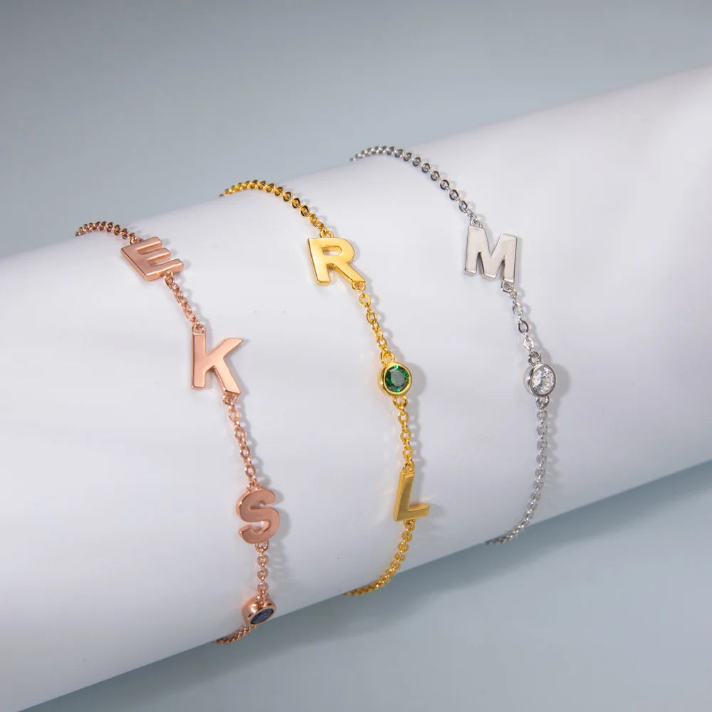 Sideway Initials/Name Birthstone Bracelet