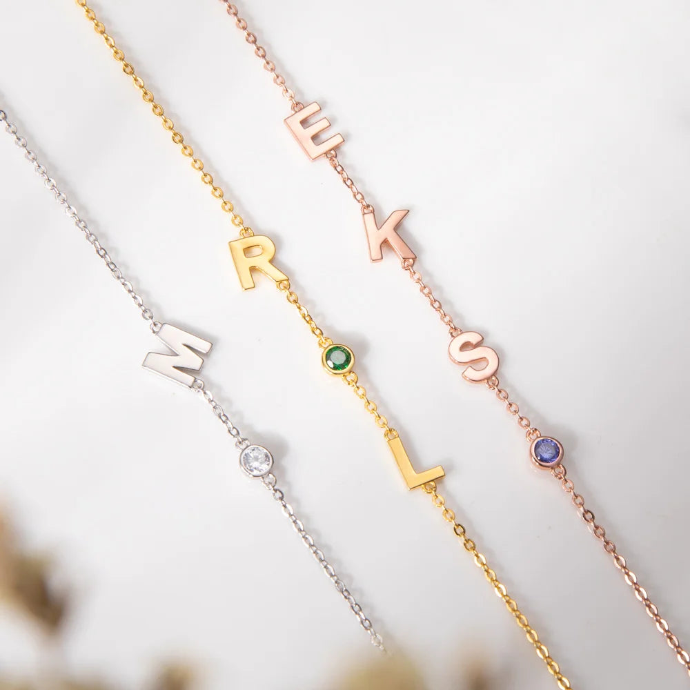 Sideway Initials/Name Birthstone Bracelet