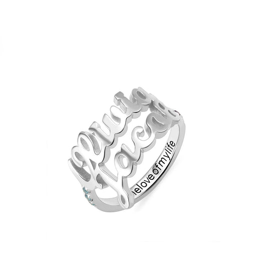 Double Name Birthstone Ring in .925 Sterling Silver