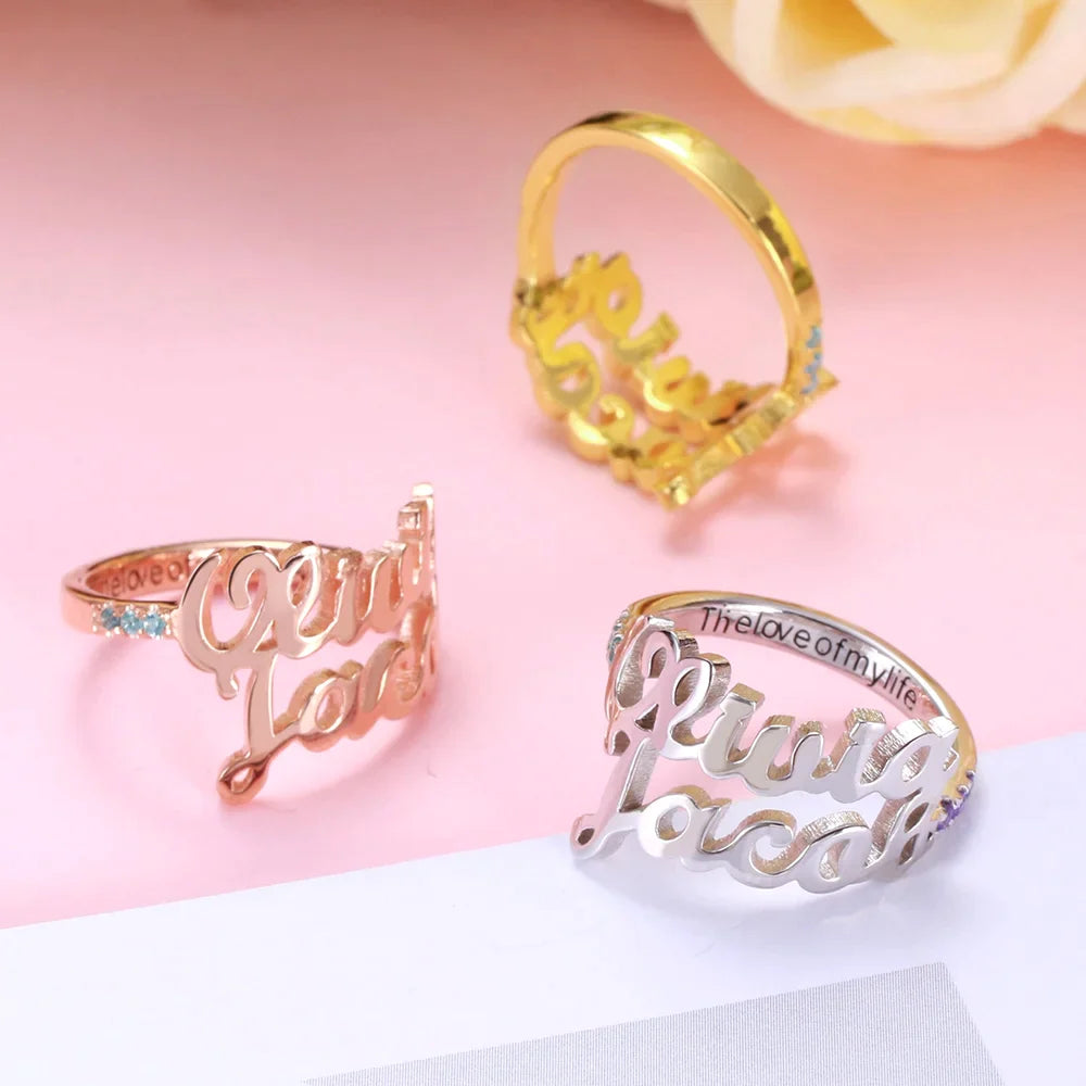 Double Name Birthstone Ring Rose Gold